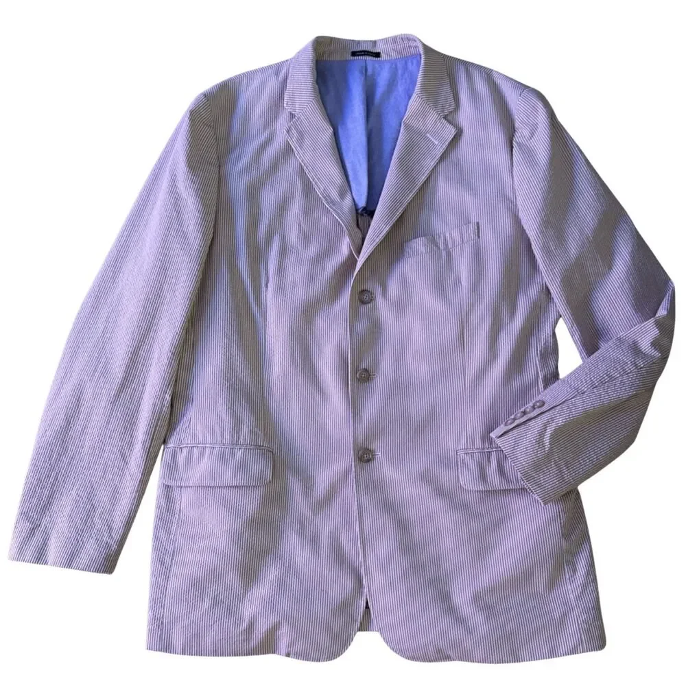 J Crew Seersucker Blazer Mens Size 46 Long Khaki White Striped Cotton Sport Coat